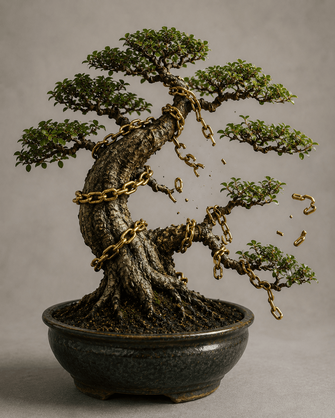 Bonsai che si libera dalle catene dorate
